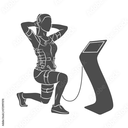 EMS training. Girl doing squats in suit with cables on a white background. Vector illustration photo