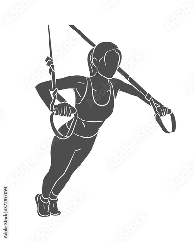 Silhouette young sportive woman doing push-ups using trx fitness straps on a white background. Vector illustration
