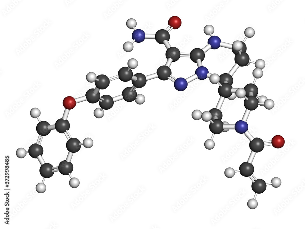 Zanubrutinib cancer drug molecule. 3D rendering. Atoms are represented as spheres with conventional color coding: hydrogen (white), carbon (grey), etc Zanubrutinib cancer drug molecule. 3D rendering. Atoms are represented as spheres with conventional color coding: hydrogen (white), carbon (grey), etc