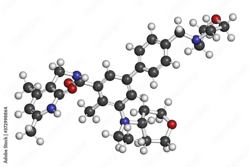 Tazemetostat cancer drug molecule. 3D rendering. Atoms are represented as spheres with conventional color coding: hydrogen (white), carbon (grey), nitrogen (blue), oxygen (red). Tazemetostat cancer drug molecule. 3D rendering. Atoms are represented as spheres with conventional color coding: hydrogen (white), carbon (grey), nitrogen (blue), oxygen (red).