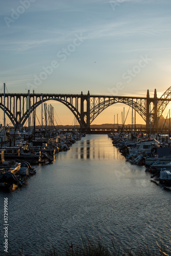 Newport Oregon marina at night with beautiful sunset.