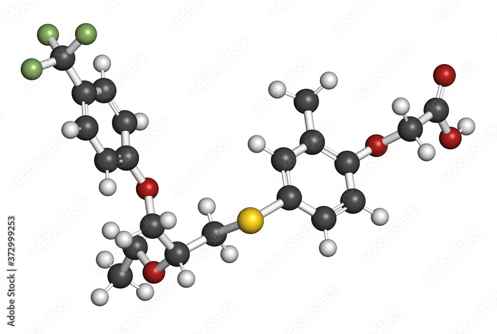 Seladelpar drug molecule. 3D rendering. Atoms are represented as spheres with conventional color coding: hydrogen (white), carbon (grey), nitrogen (blue), oxygen (red), etc Seladelpar drug molecule. 3D rendering. Atoms are represented as spheres with conventional color coding: hydrogen (white), carbon (grey), nitrogen (blue), oxygen (red), etc