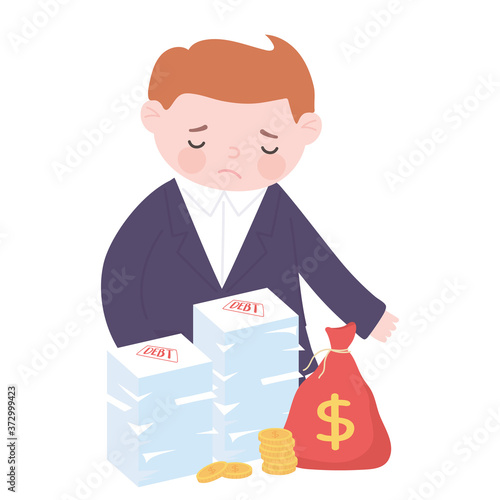 bankruptcy sad businessman bag money coins and debt stacked business financial crisis