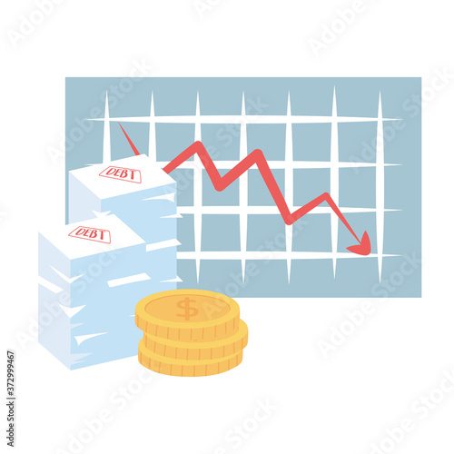 bankruptcy downwrad arrow chart coins and debt papers business financial crisis
