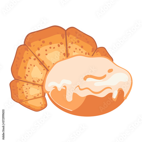 Bagel and bun with glaze on white background. Bakery concept. Vector illustration of bun and croissant. Fresh bakery product concept. Illustration of kifli and cake in flat design.