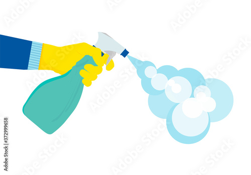 A human hand sprays an antiseptic from a pulverizer. Antibacterial spray in a plastic bottle. The liquid disinfects the surface and kills viruses and germs. healthcare. Vector image.