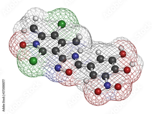 Opicapone Parkinson's disease drug molecule. 3D rendering. Atoms are represented as spheres with conventional color coding: hydrogen (white), carbon (grey), nitrogen (blue), etc photo