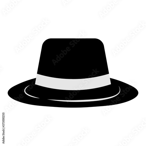 Gangster hat icon on white background. Borsalino or fedora in flat style. Mafia and detective concept. Vector illustration of black hat with white ribbon. Vector elements for logo.