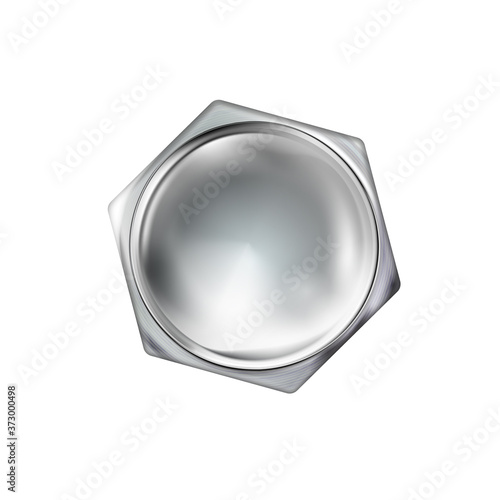 Glossy polished metal realistic bolt head, screw cap. Twisted in surface isolated on white background. Macro chrome top view of wide a hat shiny metalwares. Vector illustration.