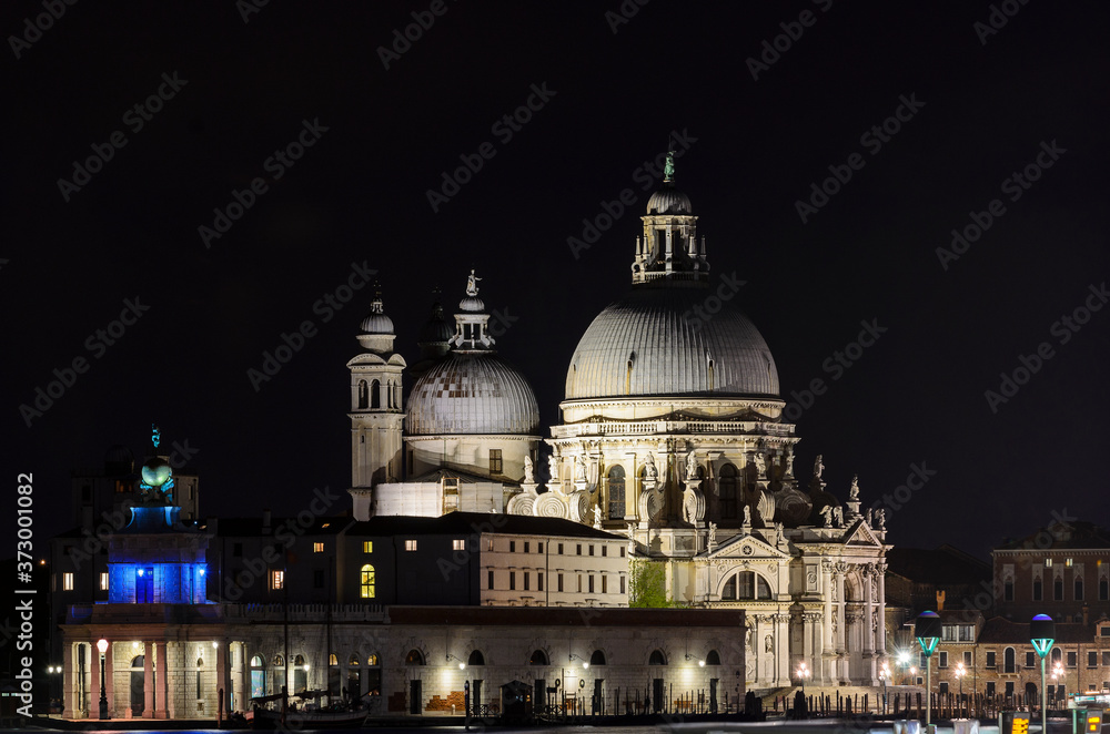 Night Venice. Basilica of Santa Maria della Salute (Basilica di santa maria della salute).Spectacular domed baroque church with unique octagonal design & sacristy housing 12 works by Titian.Italy