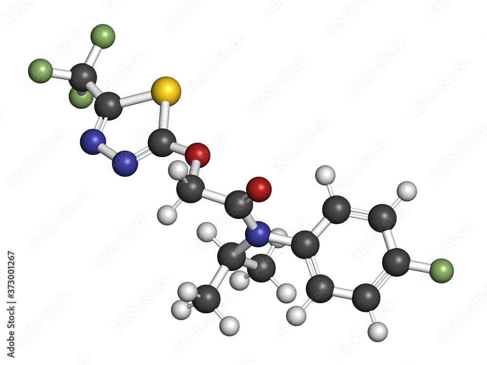 Flufenacet herbicide molecule. 3D rendering. Atoms are represented as spheres with conventional color coding: hydrogen (white), carbon (grey), nitrogen (blue), oxygen (red), etc