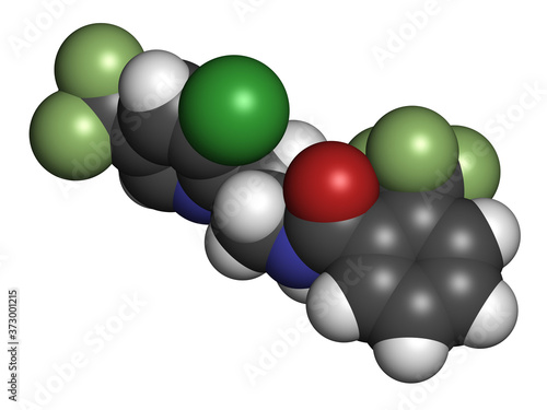 Fluopyram fungicide molecule. 3D rendering. Atoms are represented as spheres with conventional color coding: hydrogen (white), carbon (grey), nitrogen (blue), oxygen (red), etc photo