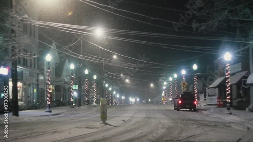 Snow covered roads during night time snowfall - Bethel Connecticut during winter