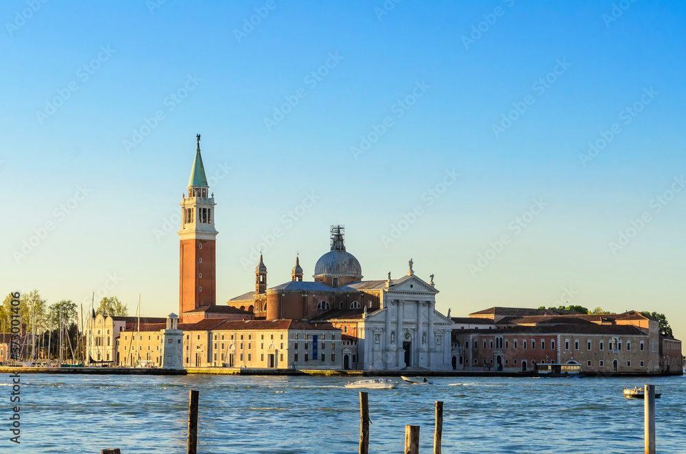 Church of San Giorgio Maggiore . Set on an island, an art-filled, bright white church by Palladio giving Venice views from its tower.Venice.Italy