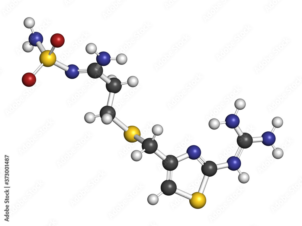 Famotidine drug molecule. 3D rendering. Atoms are represented as spheres with conventional color coding: hydrogen (white), carbon (grey), nitrogen (blue), oxygen (red), sulfur (yellow). Famotidine drug molecule. 3D rendering. Atoms are represented as spheres with conventional color coding: hydrogen (white), carbon (grey), nitrogen (blue), oxygen (red), sulfur (yellow).