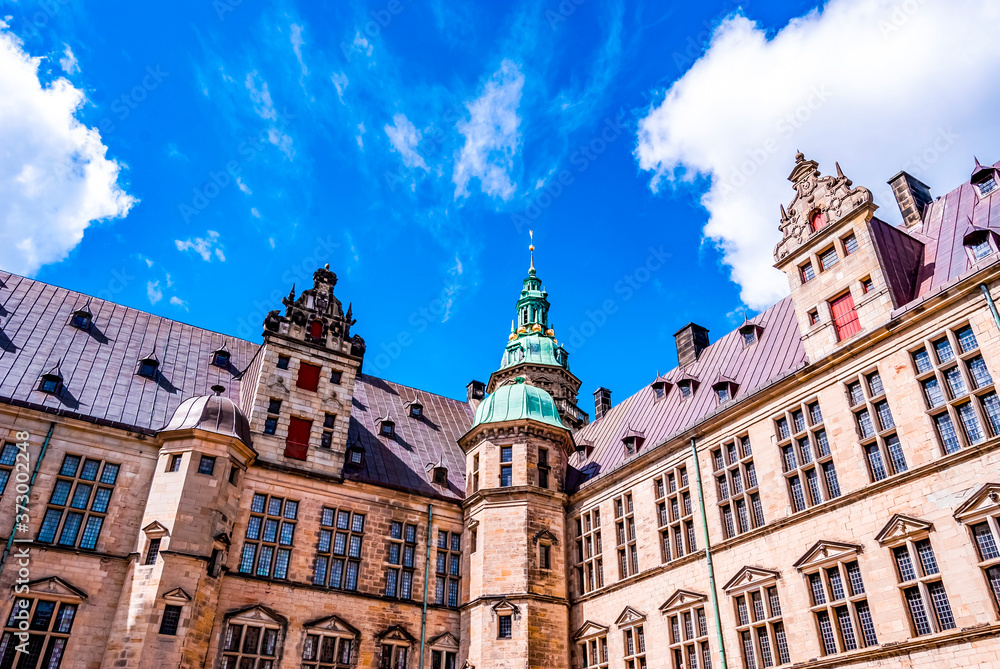 Internal courtyard of the castle of Kronborg, in the town of Helsingor, Denmark, built in 15th century. UNESCO World Heritage Site and immortalized as Elsinore in William Shakespeare's Hamlet.