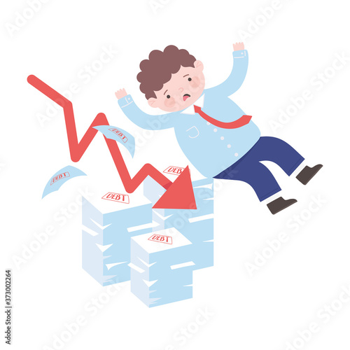 bankruptcy falling sad businessman arrow with debt sheets business financial crisis
