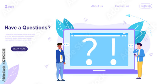 Web page template for Have A Question with question and exclamation marks on a laptop screen and puzzled people, colored vector illustration