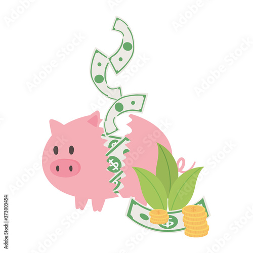 bankruptcy business financial crisis broken piggy bank falling banknote money and coins