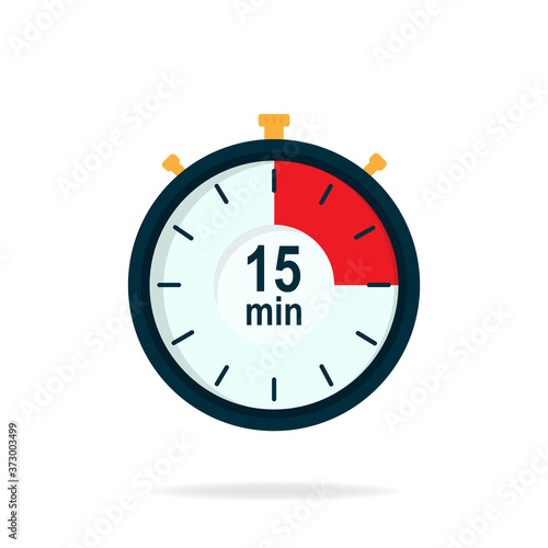 15 minutes timer. Stopwatch symbol in flat style. Isolated vector illustration.	
