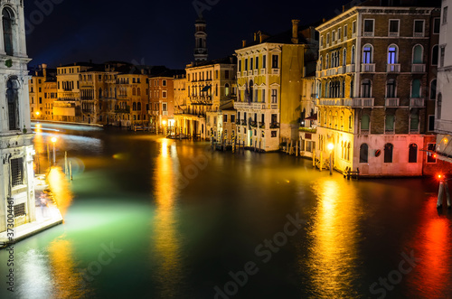 Night view of the Grand Canal from Rialto Bridge  Ponte di Rialto . Venice  Italy