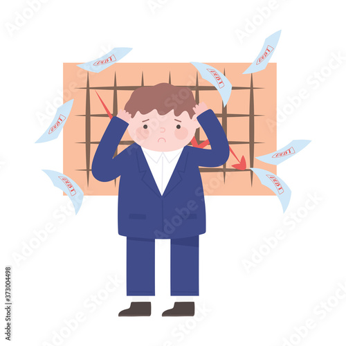 bankruptcy sad businessman fall debt papers and arrow chart business financial crisis
