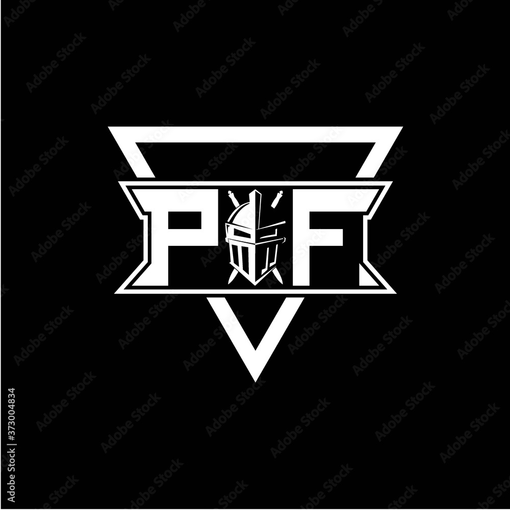 The initials inspiration P F modern knight logo with a triangle The initials inspiration P F modern knight logo with a triangle