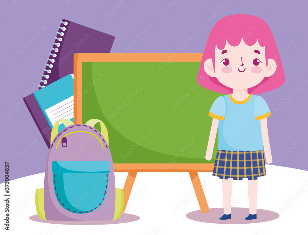 back to school, student girl bag books and blackboard elementary education cartoon
