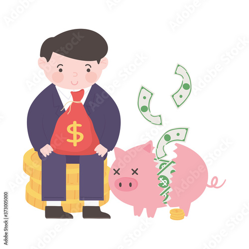 bankruptcy sad businessman piggy bank money bag business financial crisis