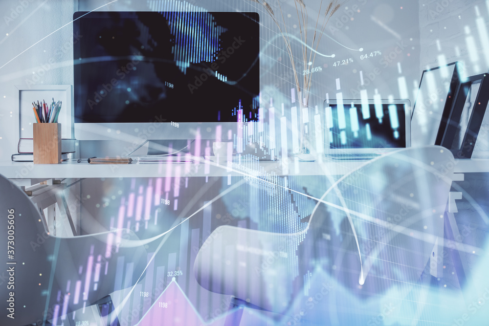 Double exposure of stock market graph drawing and office interior background. Concept of financial analysis. Double exposure of stock market graph drawing and office interior background. Concept of financial analysis.
