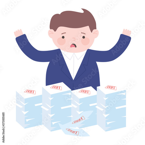 bankruptcy worried businessman with debt stacked papers business financial crisis