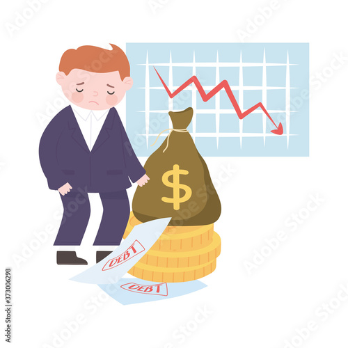 bankruptcy man with falling down chart money business process financial crisis