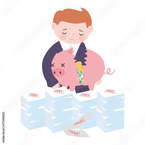 bankruptcy sad businessman holding broken piggy bank with money and debt papers business financial crisis