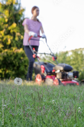 Young woman cutting grass with a lawn mower. Outdoor household chores concept. © triocean