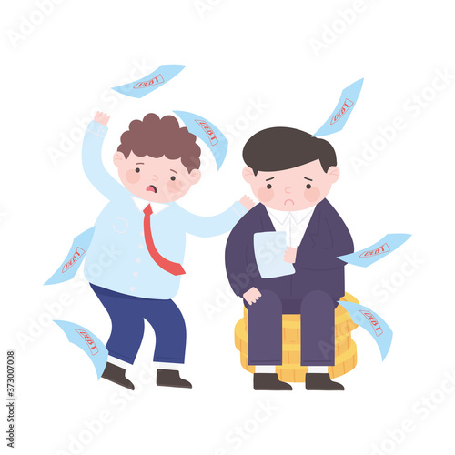 bankruptcy falling debt papers and sad businessmen on coins business financial crisis