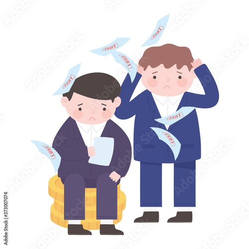bankruptcy businessmen sitting on coins with debt sheets business financial crisis