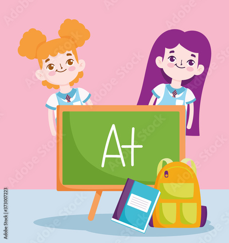 back to school  student girls blackboard backpack notebook elementary education cartoon