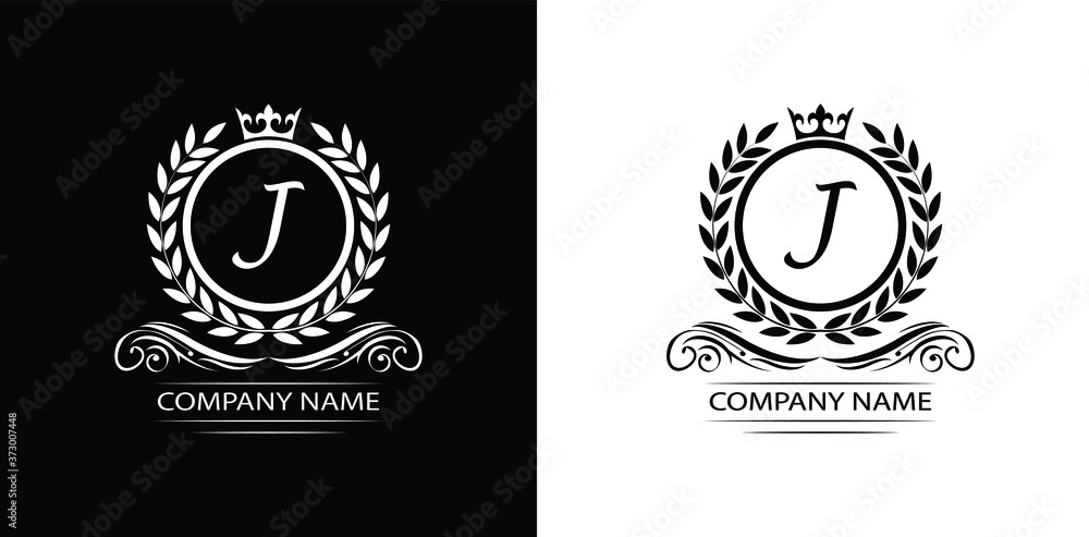 Letter J laurel wreath template logo Luxury letter with crown. Monogram alphabet . Beautiful royal initials letter.	 