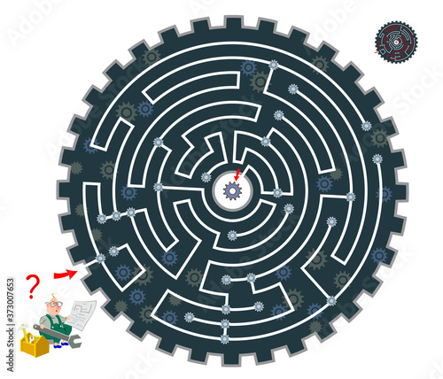 Logic puzzle game with labyrinth for children and adults. Help the engineer find the way till the central gear. Worksheet for kids brain teaser book. IQ test. Online playing. Flat vector.