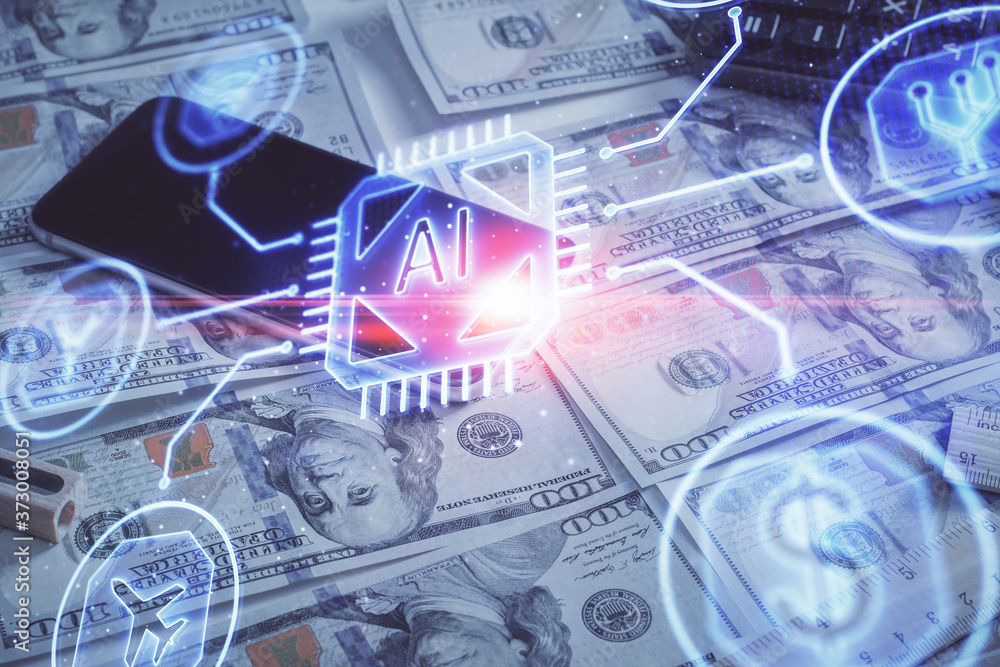 Double exposure of data theme drawing over us dollars bill background. Technology concept. Double exposure of data theme drawing over us dollars bill background. Technology concept.