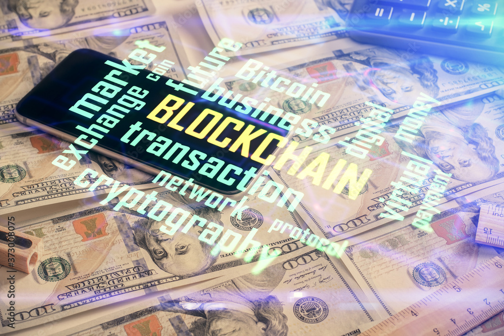 Multi exposure of crypto theme drawing over us dollars bill background. Concept of blockchain success. Multi exposure of crypto theme drawing over us dollars bill background. Concept of blockchain success.
