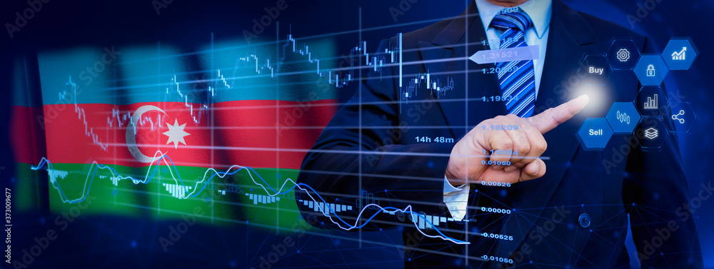 Fototapeta premium Businessman touching data analytics process system with KPI financial charts, dashboard of stock and marketing on virtual interface. With Azerbaijan flag in background.