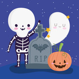 happy halloween, skeleton costume pumpkin ghost and gravestone trick or treat party celebration