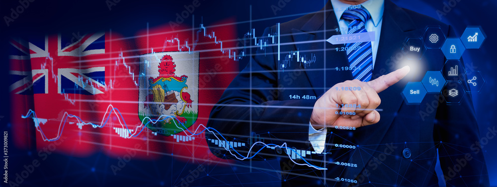 Businessman touching data analytics process system with KPI financial charts, dashboard of stock and marketing on virtual interface. With Bermuda flag in background.