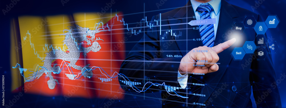 Businessman touching data analytics process system with KPI financial charts, dashboard of stock and marketing on virtual interface. With Bhutan flag in background.