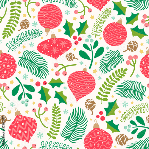 Seamless pattern with berries, ornaments, winter leaves. Christmas vector illustration.
