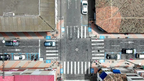 A cenital drone view of Ibarra's downtown streets. Beautiful colonial city of northern of Ecuador.