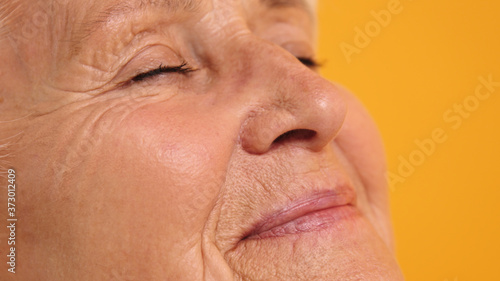 Close up shot of the face of senior woman with lonely smile. High quality photo