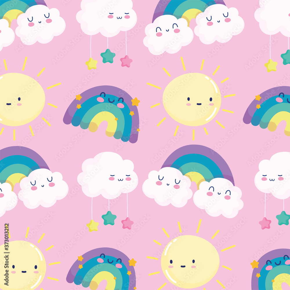 rainbows sun clouds stars sky dream cartoon decoration pink background rainbows sun clouds stars sky dream cartoon decoration pink background