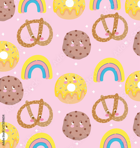 cute food pattern design, decoration pretzel cookies donuts and rainbows